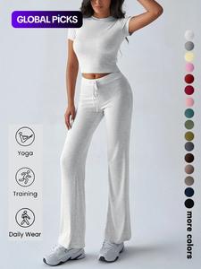 women's solid tee & pants 2 piece co-ord set, casual subtle flexibility comfortable fabric round neck crop top & trousers for daily wear, 2 piece sets women, ladies fall matching sets going out, everyday outfits