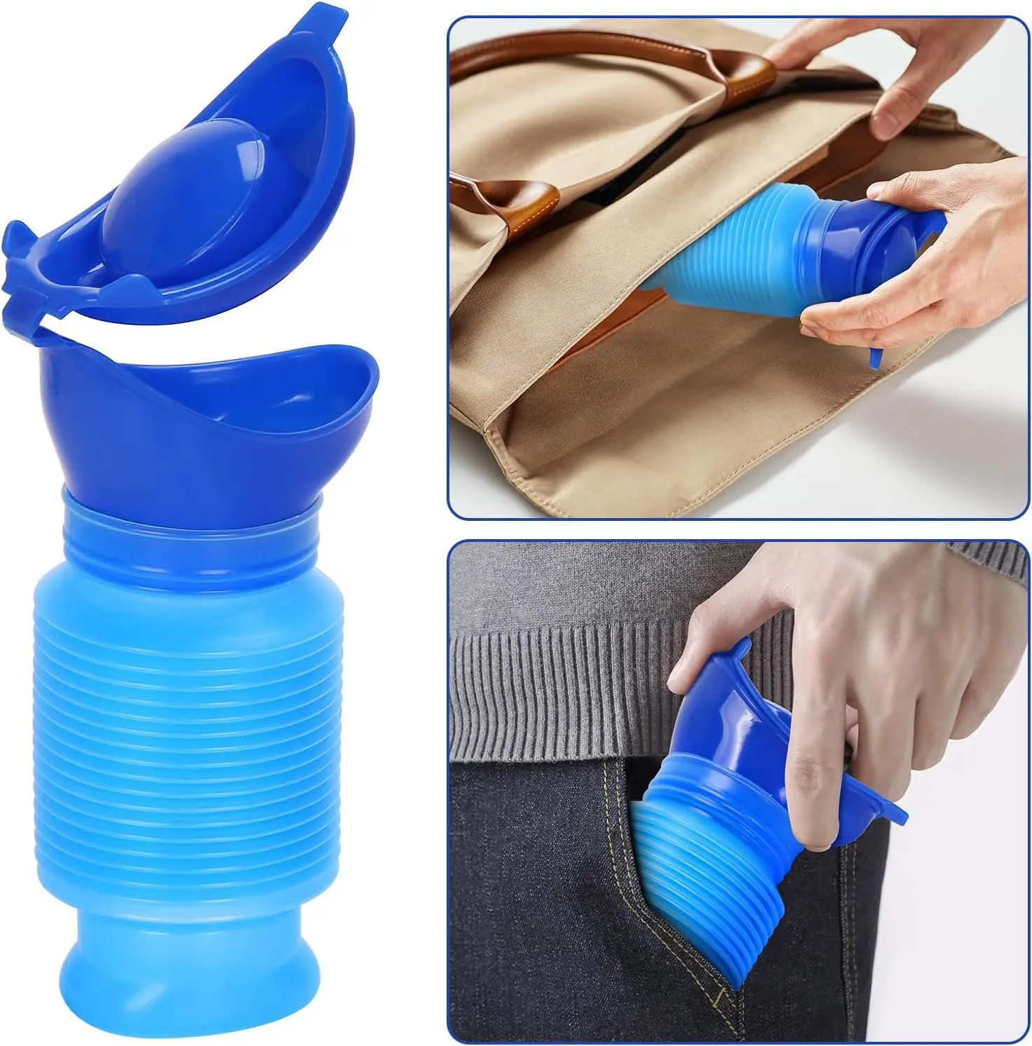 750ml Expandable Urine Bottle Emergency Toilet Shrinkable Urinal Bottle with Sealed Lid for Elderly Patients,Female,Kids,Male-Urinal Pocket Toilet for Camping Traveling., Blue