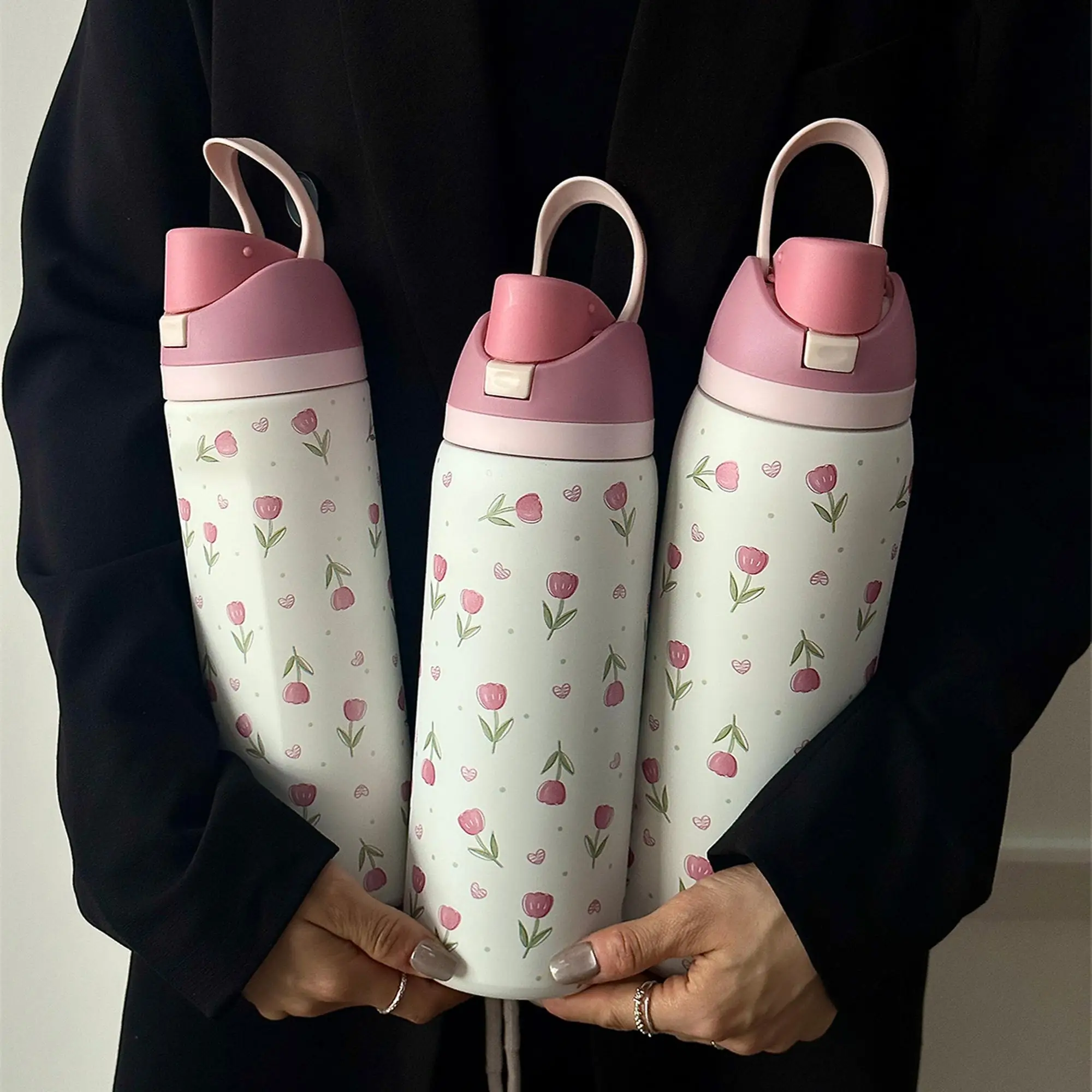 Tulip Pattern Vacuum Flask, 1 Count Portable Large Capacity Water Bottle with Straw, Drinking Cup for Home Office School Outdoor Camping, Drinkware