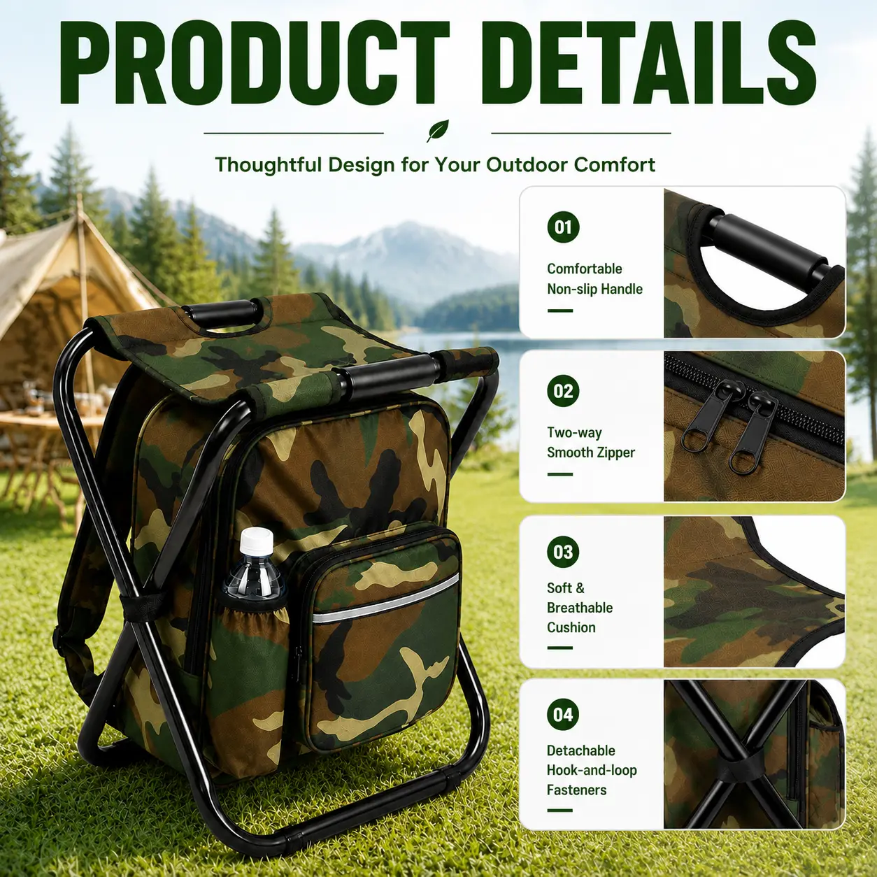 Folding Fishing Stool Backpack, 3-in-1 Portable Camo Oxford Chair with Insulated Cooler Bag for Camping & Hiking, Supports 300 lbs