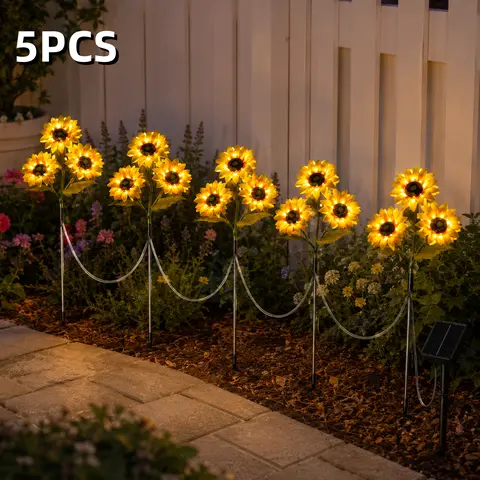 Umeuc 5-Sunflower Solar Garden Lights Set - 1-in-5 Realistic Artificial Light with 3 Artificial Sunflower Heads, Rechargeable Battery, Metal Pole, IP44 Water/Windproof, Easy Install for Garden Parties, All-Weather Use