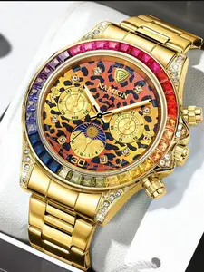 Namkin Men's Mechanical Watch, Leopard Pattern Full Diamond Style, Rainbow Bezel, Time Function, Day/date Display, Streetwear Fit