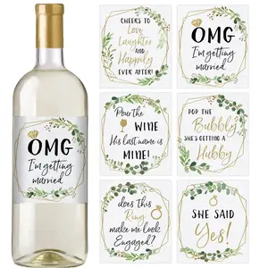 Engagement Party Gift – Waterproof Wine Bottle Labels for the Bride–to–Be, Gold Greenery (Set of 6)