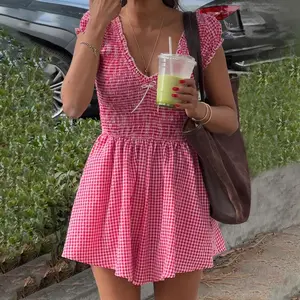 New styleWomen Y2k Gingham Playsuit Fairy V Neck Short Sleeve Shirred Smocked Romper Dress Vintage Plaid Wide Leg Shorts Jumpsuit Overall