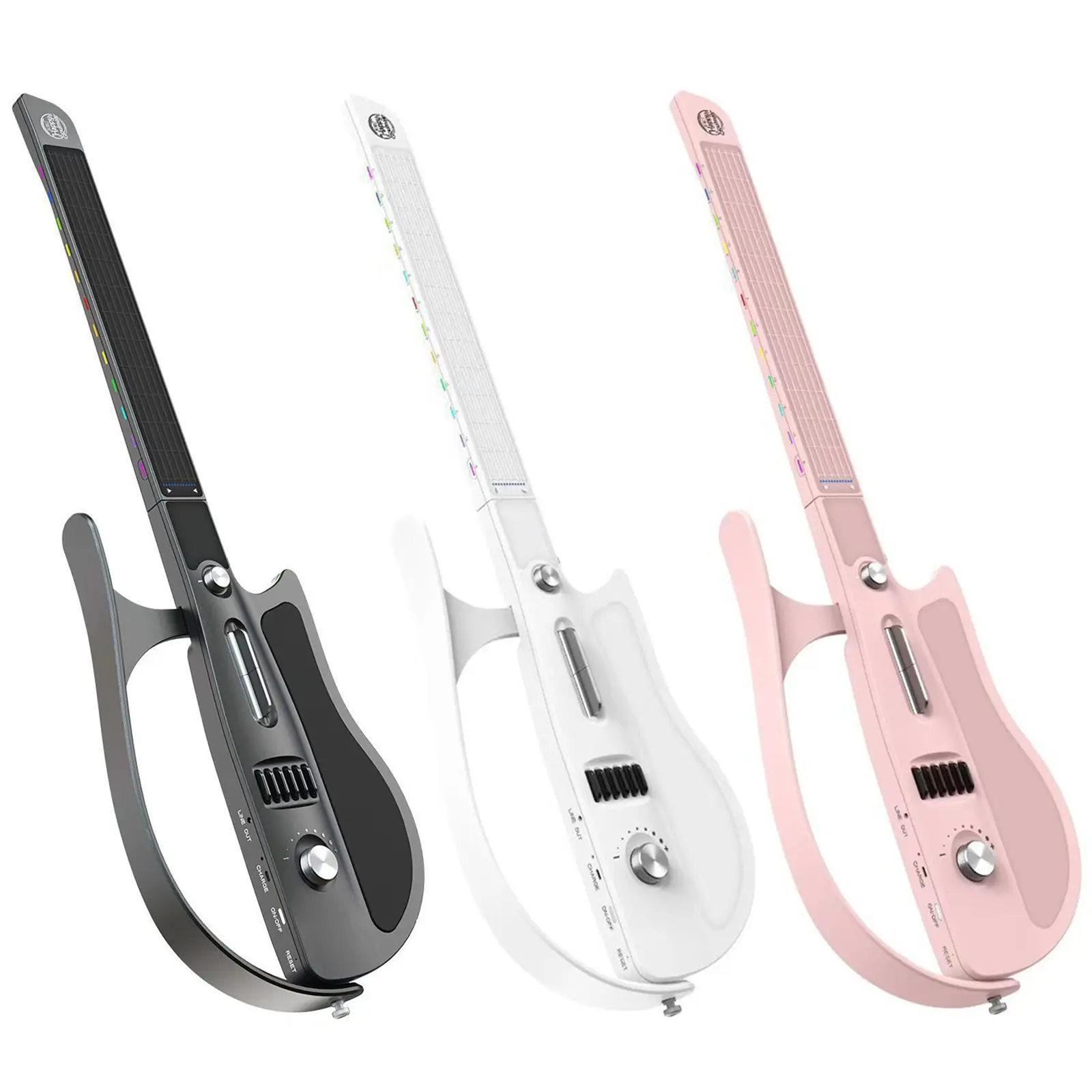 Stringless Smart Guitar - Foldable Travel Guitar, Chord Generator, App Integration & Interactive Chord Sheets, Built-in Drum Machine & Bassline for 1-Man Band, 12 Months Support, for Adults & Teens (Black, Pink, White)
