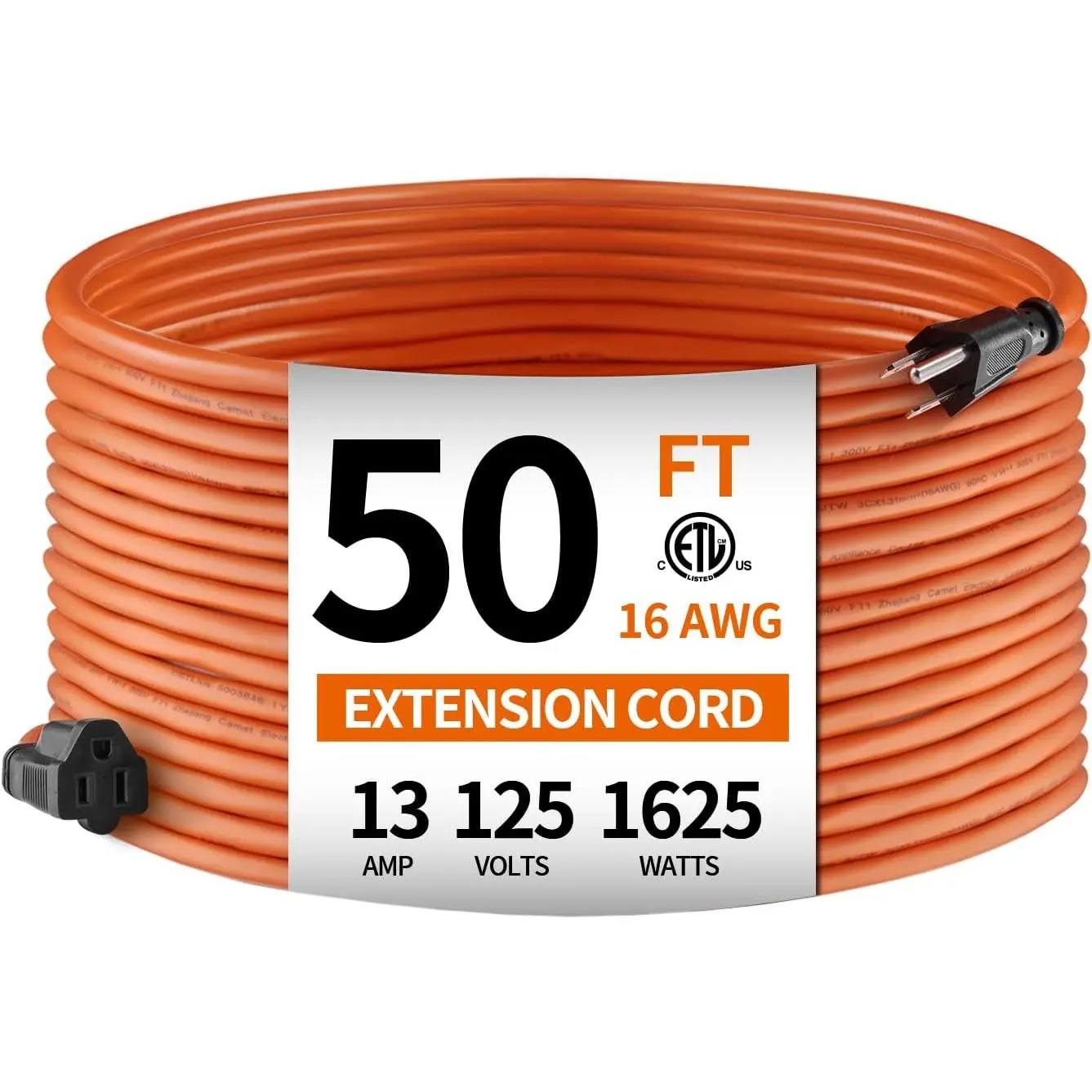 Orange 16AWG SJTW Vinyl Extension Cord, 3-Prong Grounded Plug, ETL Certified, Weatherproof Cover, 13 A, 125V, 1625W Max Power, Grounding & Connection Support, Safe Power Protection, Indoor/Outdoor Home Supply, 13 Amp, 50-Foot