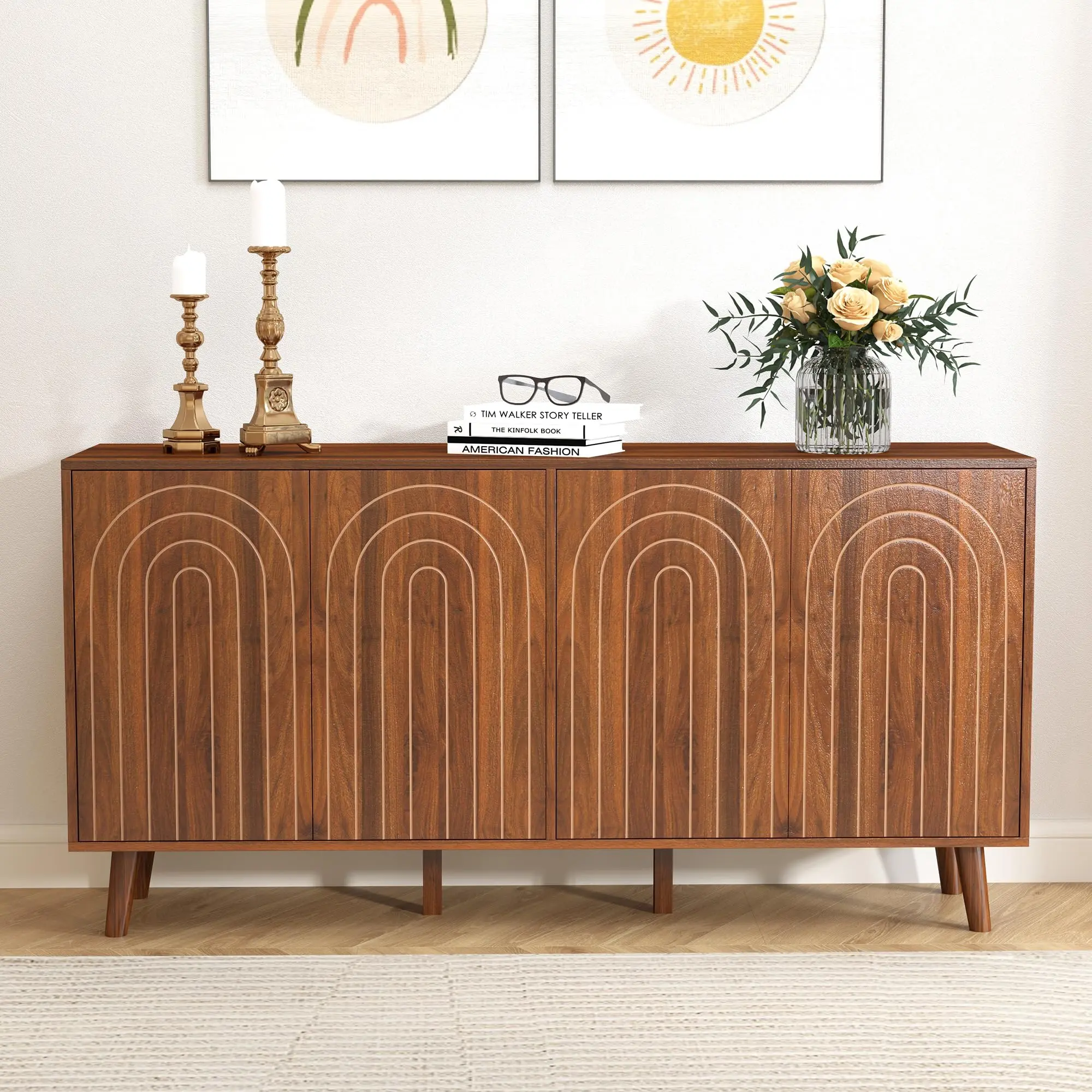 Giratree 59" Buffet Cabinet with Storage, Modern Accent Sideboard Storage Cabinet with 4 Doors & Carving Lines, Wooden Coffee Bar Table Console for Living Room Kitchen Office and Hallway