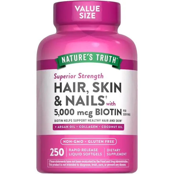 Nature's Truth Hair, Skin & Nails Vitamins | 5000mcg | 250 Softgels | Includes Collagen, Biotin and Coconut Oil | Non-GMO & Gluten Free Supplement for Women and Men