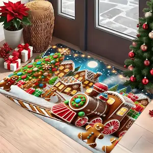 Christmas Door Mat - Gingerbread Town Train Design with Snowy Houses & Locomotive, Machine Washable Soft Indoor/Outdoor Mat, Holiday Welcome Mat for Home, Kitchen, Bedroom, Farmhouse, Study, Laundry Room, Christmas Decor