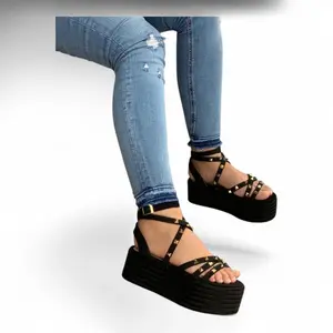 YRMODA Women's Black Platform Sandals - 5cm Jute Wedge Sandals, Cross Ropes, Buckle Closure, Summer Casual Walking Shoes