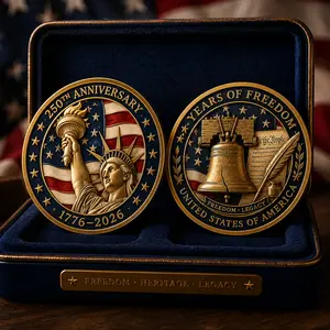America 250 Challenge Coin, Liberty Torch & Mount Rushmore 1776–2026 Commemorative Coin, Patriotic US Collectible Gift