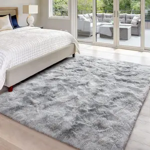 5 x 8 Feet Large Area Rug for Living Room, Soft Fluffy Modern Bedroom Rug, Tie-Dyed Light Grey Indoor Shag Fuzzy Carpets Home Decor