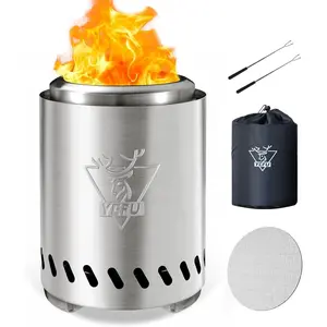 Tabletop Fire Pit Low Smoke Camping Stove for Outdoor Patio, Safe Clean Burning Table Top Firepit using Pellets or Wood, Portable Mini Flame Heater for Ambience and Relaxation with Travel Bag, 2 Mini Sticks and Fireproof Mat (9.7 x 7.1 in Silver)