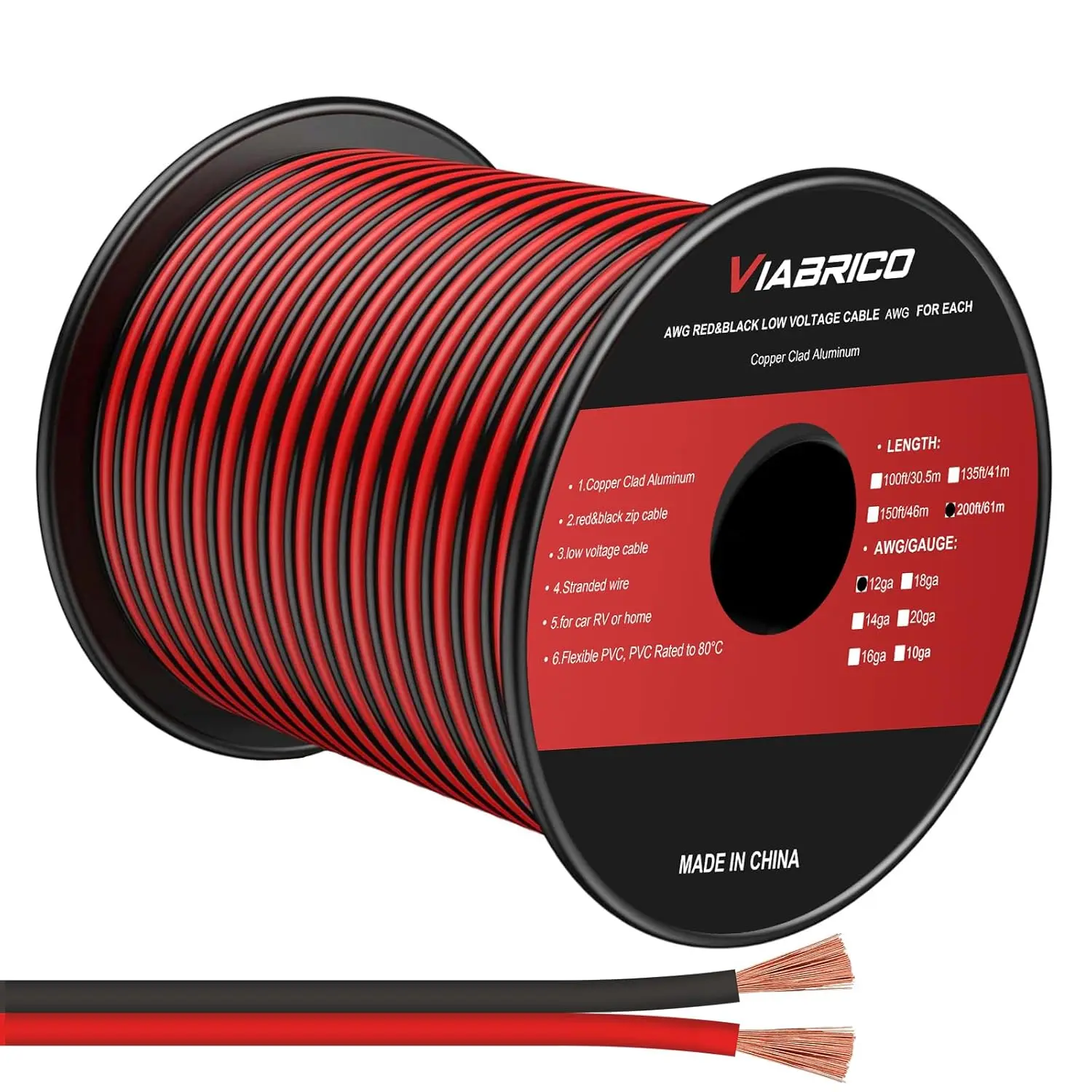 12Gauge 200FT Electrical Wire Cable 2 Conductors Red Black Cable Hookup LED Lighting Strips Flexible Wire Extension Cord 12AWG Copper Clad Aluminum Copper Wire 12V/24V DC 61M