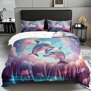 2/3 PCS Dreamy Dolphin Adventure Pattern Luxury Duvet Cover Set (1* Duvet Cover +1/2* Pillowcase, No Filling) Skin-Friendly Soft Digital Printed Bedding Set,For , New Year, Birthday Gifts For Family ,Friends! Suitable For All Year Round! Machine Washable
