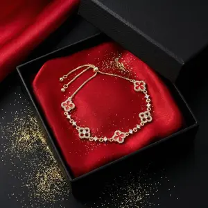 Four - Leaf Clover Bracelet, Red Enamel & Diamond - like, Adjustable Chain, Gold - Plated Alloy