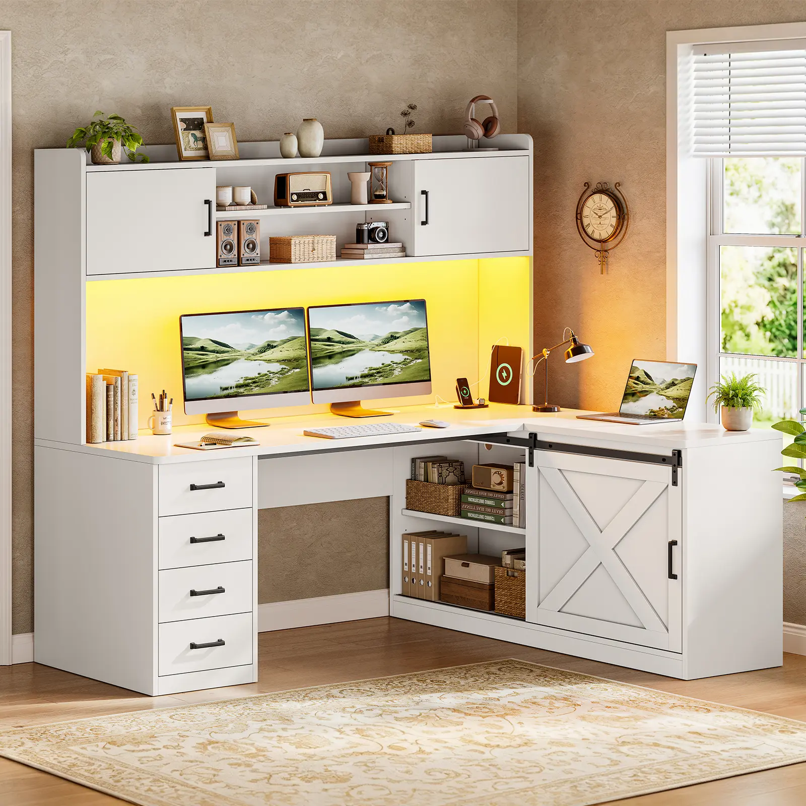 SEDETA 55 Inch Corner Gaming Desk with LED Light Computer Desk with Storage Shelves and Power Outlet Farmhouse L Shaped Office Desk with Drawers and Hutch