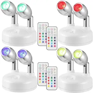 4 Pack Dual Head Battery Operated Spotlights Indoor Wireless RGB LED Spot Light with Remote 13 Color Accent Lights with Rotatable Head Stick on Wall Hallway, for Painting Picture(White)