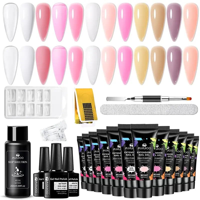 MSRUIOO Poly Nail Gel Extension Kit, 21pcs Set with Nail Forms, Brush, Jelly Nude Nail Extension Gel, Nail Starter Kit, Base Gel,Top Coat, Professional Nail Art Tool Kit DIY Nail Art, Polygel Nail Kit, Poly Gel Nail Kit Complete