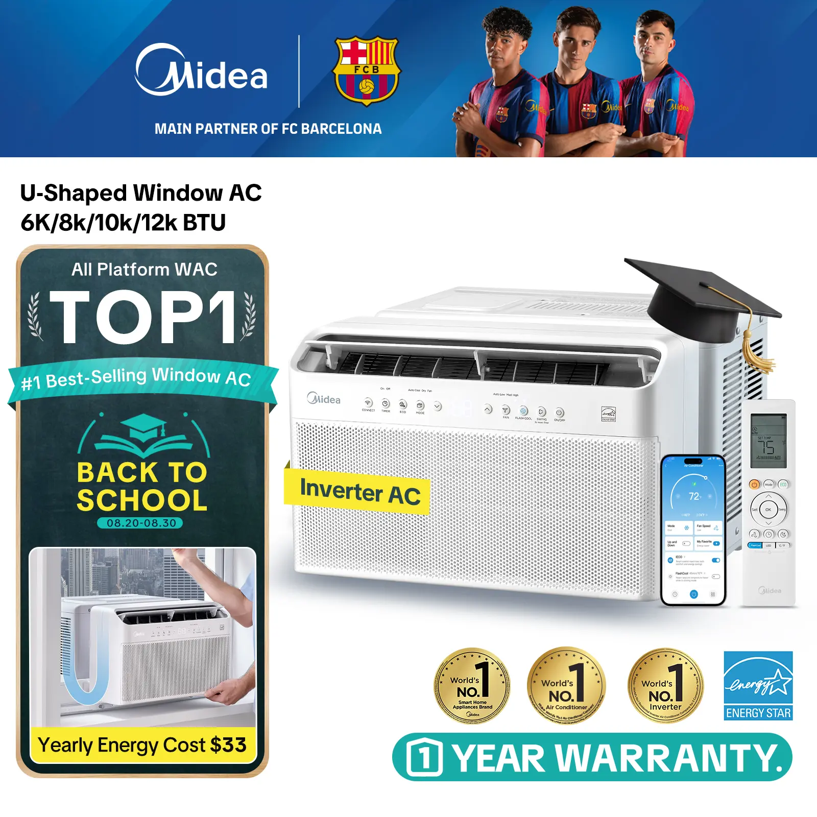 Midea 6K/8K/10K/12K BTU U Shaped Smart Inverter New Window Air Conditioner, Cools up to 450 Sq. Ft.,Ultra Quiet with Open Window Flexibility, Works with Alexa/Google Assistant, 35% Energy Savings, Remote Control