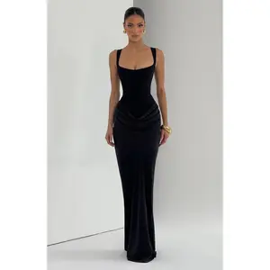 2026 Casual long-sleeved slim-fitting fish bone pure desire suspender dress long dress slim-fitting solid color hip-wrapped dress