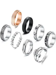 8 Pcs Stainless Steel Spinner Rings Fidget Rings for Anxiety for Women Men Anti Anxiety Ring with Beads Flower Moon Star Rings for Daily & Holiday Wear & All Season