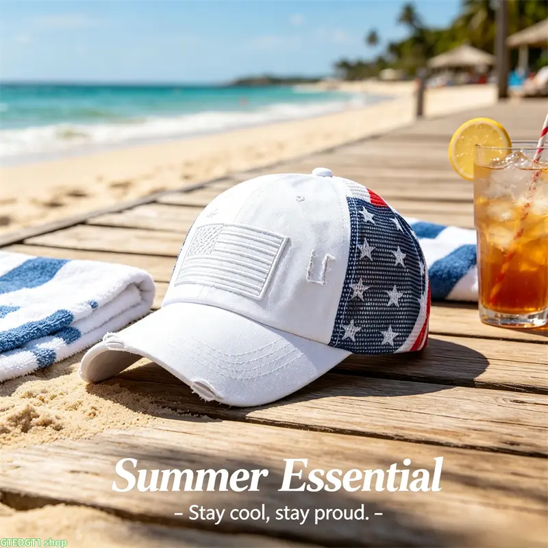 Unisex Distressed Washed Trucker Cap - Viral American Flag Embroidered Patriotic Beach Hat, Adjustable UV Protection Mesh Fabric Sun Cap for Fishing, Outdoor Daily Use (Bag Accessory)