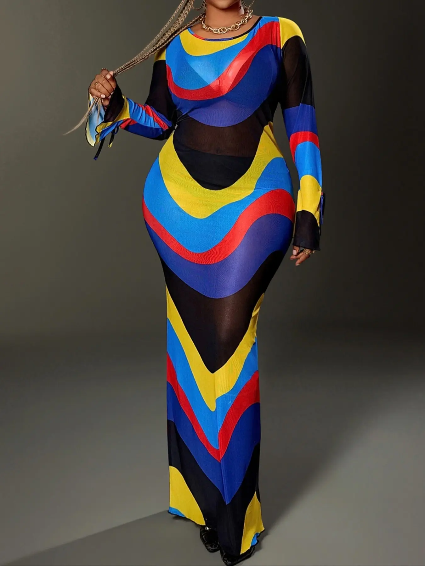 Plus Size Women's Patchwork Round Neck Long Sleeve Elegant Waist Cinched Mesh Rainbow Party Statement Cocktail Maxi Dress, Slim-Fitting Striped Bodycon Evening Dress for All Seasons