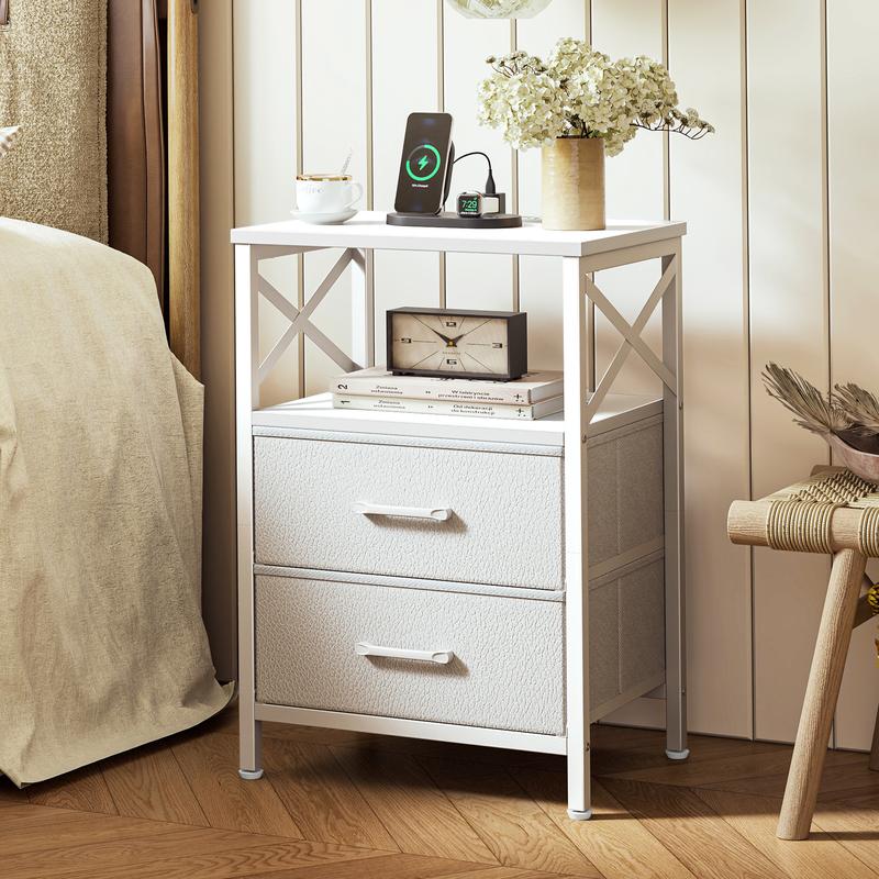 Huuger Night Stand with Charger Station, 2 Drawer Nightstand with Open Shelf, Bed Side Table with USB-C Port, End Table, Compact Size for Small Spaces, X Shaped Side Rail