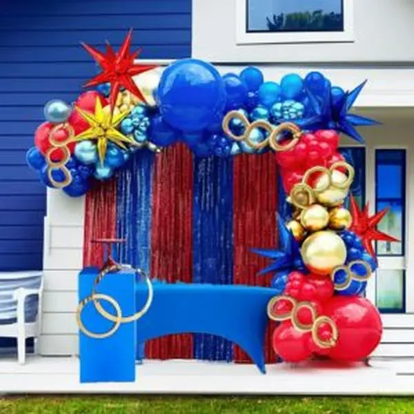 130-Pcs Red Blue Gold Balloon Garland Kit - 119 Festive Balloons, Chrome Blue, Foil Starburst, DIY Long Pieces, Cartoon Friends Themed for 5-18 Inches Kid Birthday Decor (Hedgehog, Superhero Gamer)