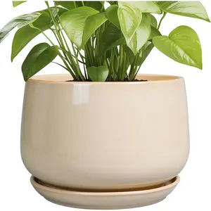 Ceramic  Pots - 9 Inch Round Planter, Ceramic Flower Pots with Drainae and Saucer, Modern Indoor Outdoor Planter, Room Decor, Home ifts, Beie