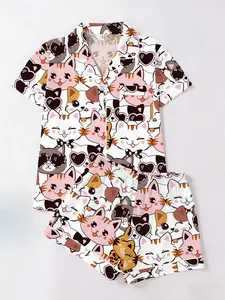 Women's Short Sleeve Shorts Cardigan Pajama Set, Background Full Cat Print, Casual Fitted Sleepwear for All Seasons