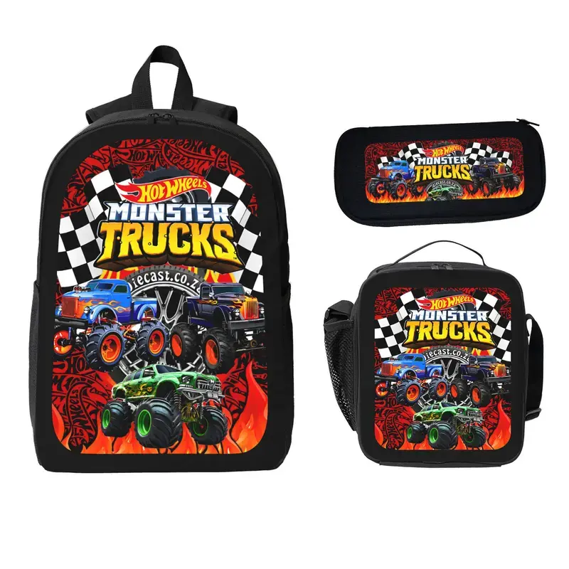 Monster Jam 3-Pcs Polyester Backpack Set Large Capacity Lightweight Backpack Lunch Bag Pencil Case with Monster Truck Print Back to School Travel Gift for Kids Students