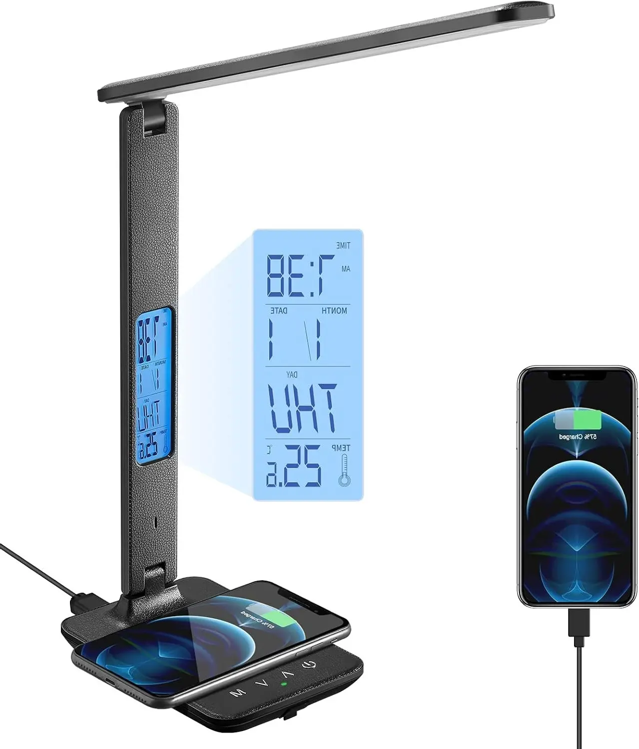 LED Desk Lamp with Wireless Charger, USB Charging Port, Table Lamp with Clock, Alarm, Date, Temperature, Desk Lamps for Home Office, Black