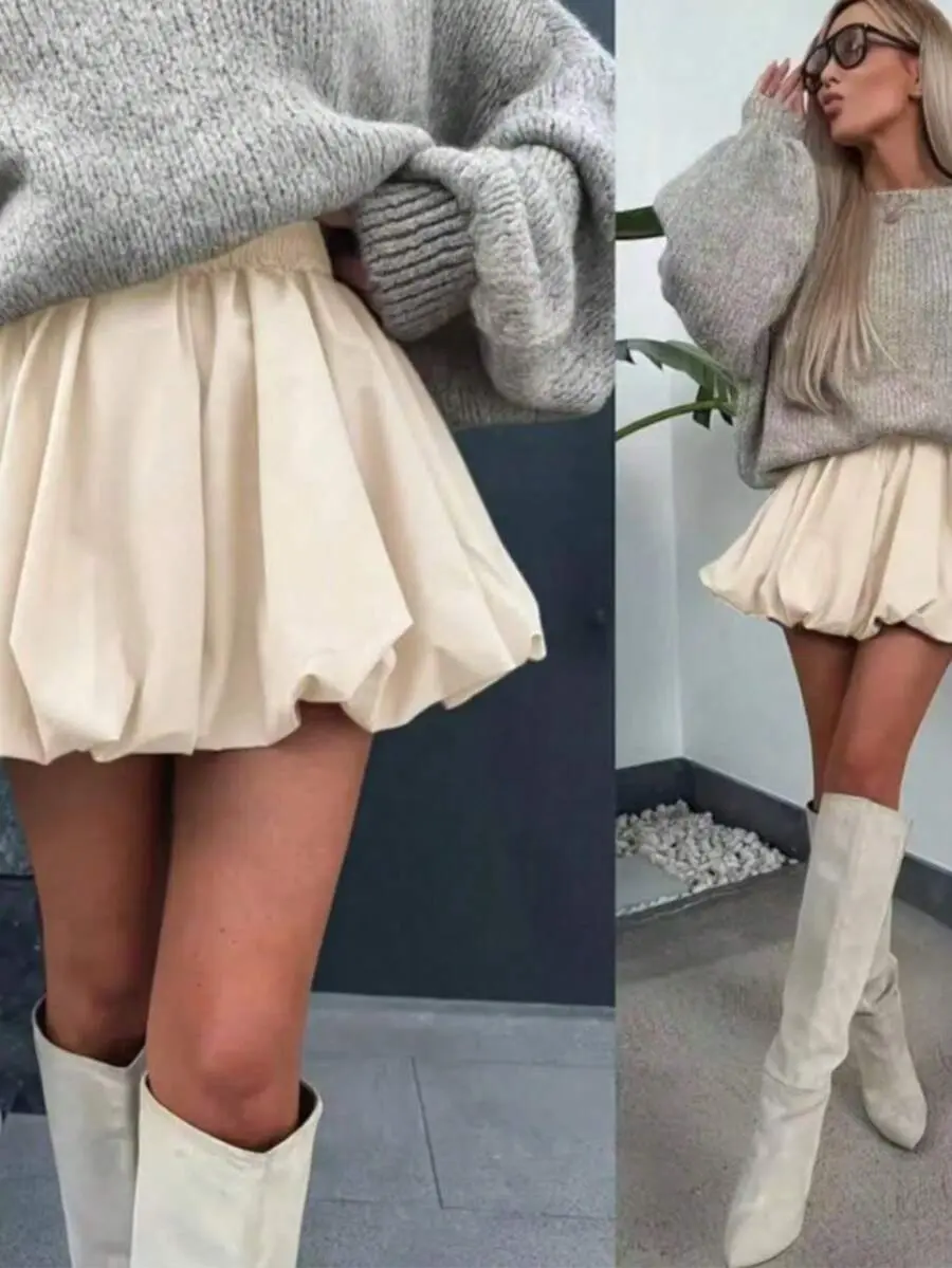 Apparel High Waist Elastic Bubble Mini Skirt, Pleated Fluffy Lining Anti-Exposure Vacation Skort