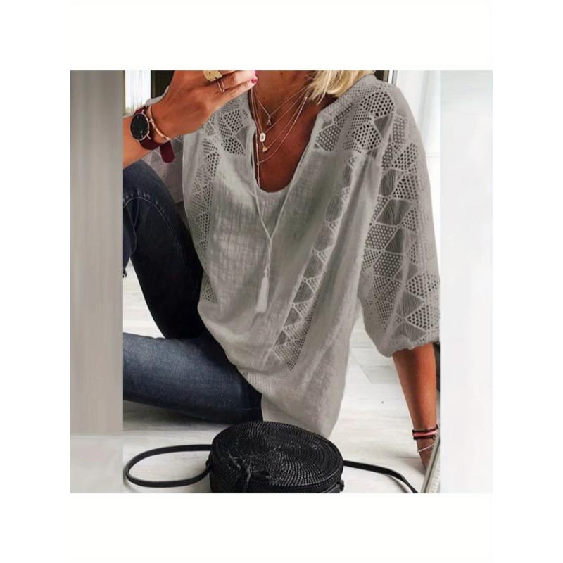 [Cotton Tunic Top] Cotton Plus Size Women's 3/4 Sleeve Top | Light Gray V-Neck Casual Loose Fit Shirt with Geometric Eyelet Detailing, High-Quality Autumn Tee for Layering or Standalone Asymmetrical De Fabric Polyester Blouse Womenswear Chic Elegant White