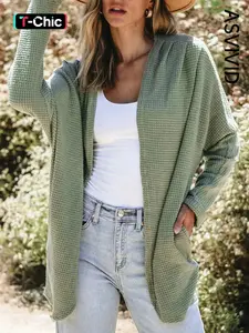 Women's Elegant Solid Color Waffle Knit Cardigan with Side Pockets, Stylish Open Front Jacket for Spring & Autumn, Casual Long Sleeve Outerwear