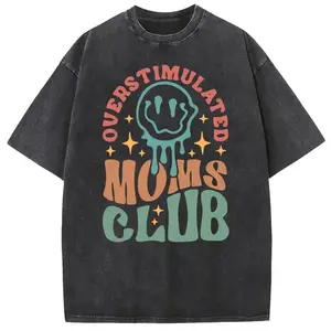 Holafish Men's Oversized Acid Wash Classic Heavyweight Cotton Fabric Round Neck T-Shirt - "MOM'S Club" Graphic, Ribbed Crewneck, Vintage Streetwear for Mother's Day