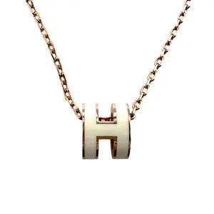 Pre-owned Hermes Mini Pop H Necklace Rose Gold Plated Chain/White H HMN01