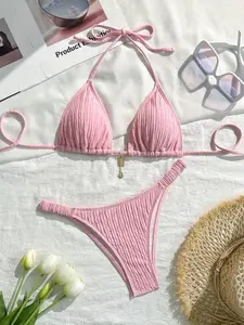 Elegant Women's Plain Ruched Halter Bikini Set, Gold Heart Pendant, Sexy Fashion, Soft Fit, Triangle Bra Style, Bikini Swimsuit, Triangle Bikini Sets, Halter Bikini Top