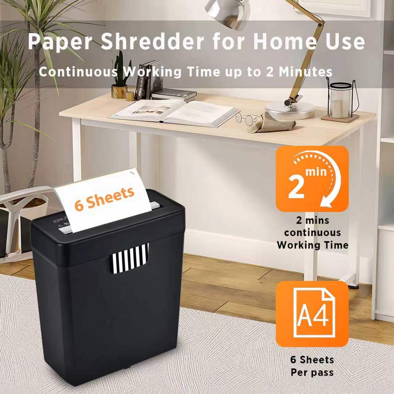 KINUO 6-Sheet Paper Shredder, P2 Security Strip-Cut Shredder with Anti-Jam System, Portable Office Home Shredder
