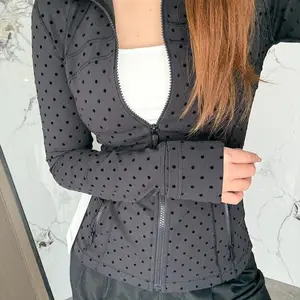 Flocked Polka Dot Print Full Zip Yoga Jacket - Slim Fit Textured Workout Top - High Quality Long Sleeve Activewear for Women Casual Womenswear