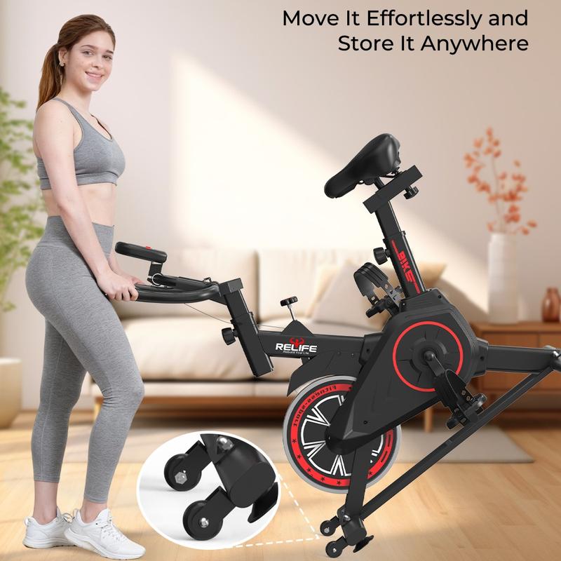 Relife Stationary Exercise Bike Fully Adjustable Indoor Cycling Bike with Comfortable Seat, Silent Belt Drive, LCD Monitor, and 330LBS Capacity for Home Cardio Workouts