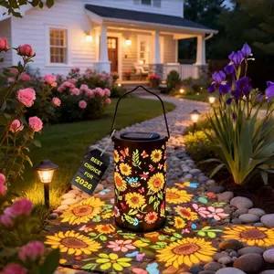Colorful Sunflower Glow Solar Garden Lantern, Outdoor Waterproof Hanging Solar Lantern with Butterfly & Sunflower Projection, Metal Solar Light for Patio Yard Pathway Garden Decor Gift (1pc) lawn decorative santa kettle ground