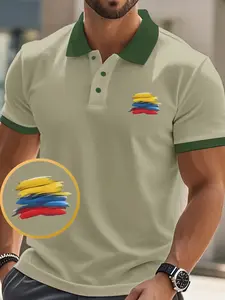 Unique Colombian Flag Brush Geometric Print Patriotic Polo Shirt, Casual Slim-Fit Short Sleeve, Men's Business Leisure Top, Perfect for Daily Wear