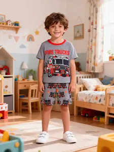 Boys' Short Sleeve Pajama Set, Fire Truck Print, Casual Fitted H-Type, 2-Piece for Home & Outdoor Use, Fashionable Kids Sleepwear, Funny Pajamas