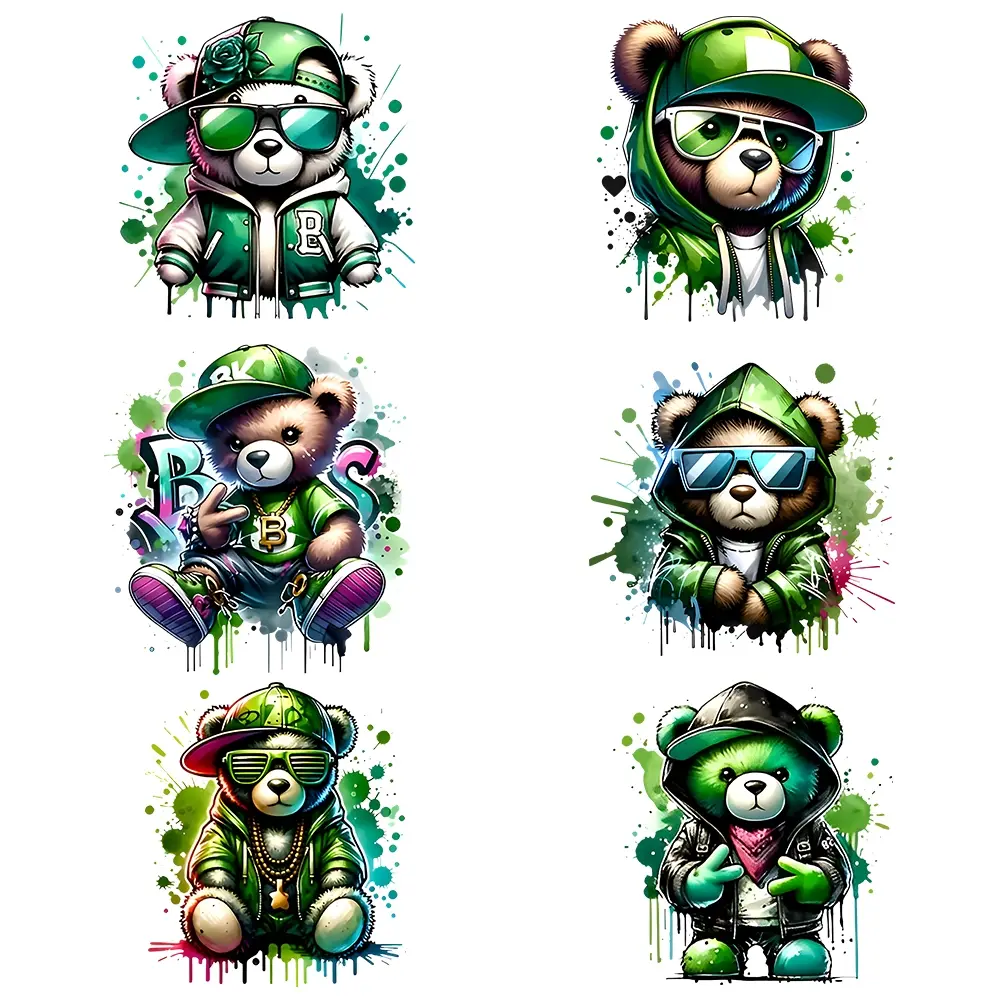 6pcs Cartoon Trendy Bear Pattern Fashion Heat Transfer Stickers, Washable Iron-On Patches for Clothing, T-Shirts, Jeans, Jackets, Durable, Diy Craft Supplies, Crafts, DIY Products