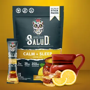 Salud 2-in-1 Sleep Aid + Calm Drink Mix, Lemon Honey Flavor, Melatonin, Magnesium, Saffron Extract, L-Theanine, Non-GMO, Gluten Free, Vegan, Low Calorie, 1g of Sugar (15 Servings)