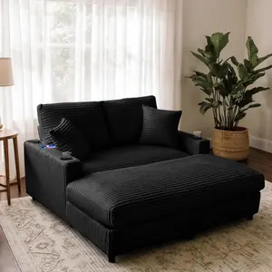 60"x58" Oversized Corduroy Chaise Lounge Furniture, Indoor Reading Chair with 2 Pillows, USB Charger, Cup Holder, Convertible Sofa Bed Lazy Sleeper Couch for Apartment