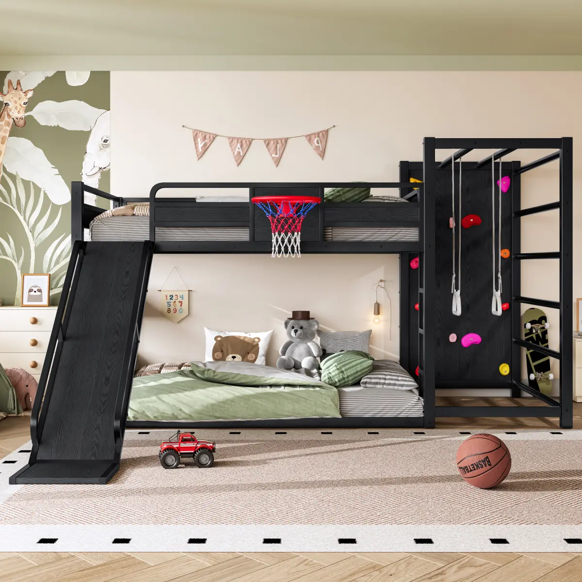 Black Full Size Metal Loft Bed with Stable Sports Combo - Basketball Hoop, Pull-Up Rings, Climbing Wall, Built-In Bookshelves, Slide, Full Size Mattress Compatible, Assembly Requires, Ideal for Hoop Shot Practice, Assembly Required, Promotes Physical Deve